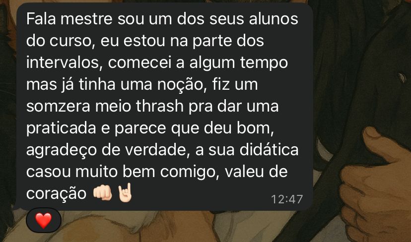 Depoimento real de aluno via WhatsApp sobre o curso de guitarra