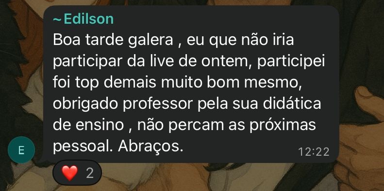 Depoimento real de aluno via WhatsApp — satisfação com o conteúdo